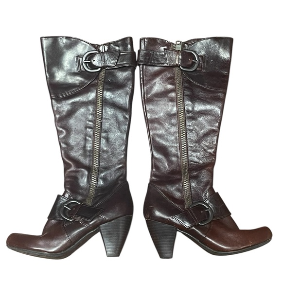 Born Crown Women's Size 6 Side Zip Double Buckle Leather Boots Burgundy Brown - Picture 1 of 11